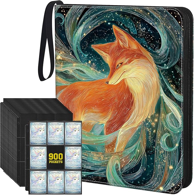 Trading Card Binder 9 Pocket, 900-Pocket Zippered 3-Ring Card Binder with 50 Double-Sided Pages, Fits 2.5" x 3.5" Cards, Acid-Free PVC-Free, Water-Resistant PU Cover, Wrist Strap, Fox Design