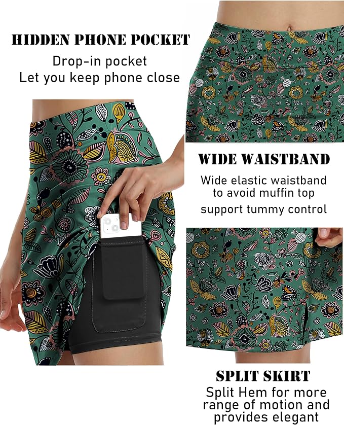 COOrun Women's 20" Knee Length Skirts High Waisted Golf Skorts with Pockets | Soft, Quick Dry, Split Hem, Built-in Shorts, A-line, Modest Skirts, for Golf Athletic Tennis Work Casual