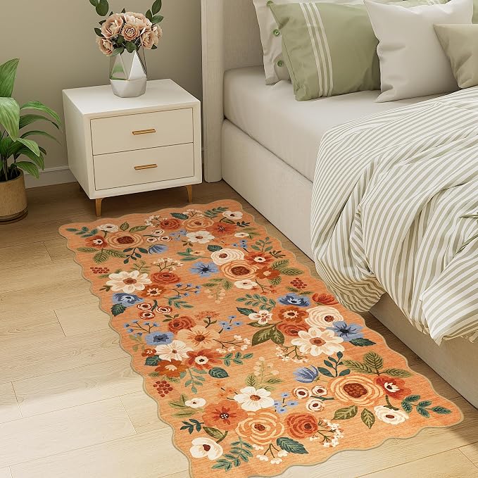 DUKINO 2x4 Rug for Entryway, Floral Washable Kitchen Rugs Non Slip, Orange | Soft, Low Pile, Stain Resistant Throw Runner Rug for Hallway, Bedroom, Bathroom, Laundry, Pet Friendly, Modern Home Decor