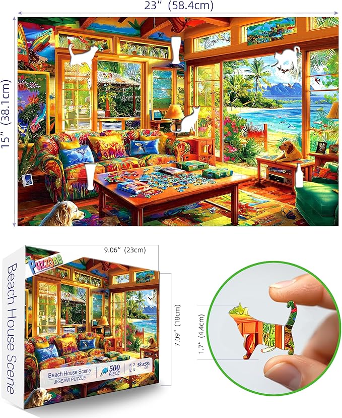 Tropical Living Room 1000 Piece Jigsaw Puzzle for Adults Beach View Scene Vibrant Palm Trees and Ocean Scenery Adult Puzzles 1000 Pieces Games Gift for Game Night (27.6"x19.7")