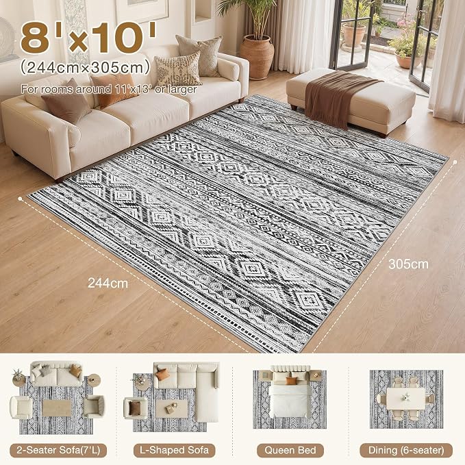 cotiled 8x10 Area Rugs Living Room Rug: Washable Boho Rugs with Non Slip Backing Large Soft Indoor Stain Resistant Carpet for Bedroom Farmhouse Dining Room Lightweight Home Decor White/Black