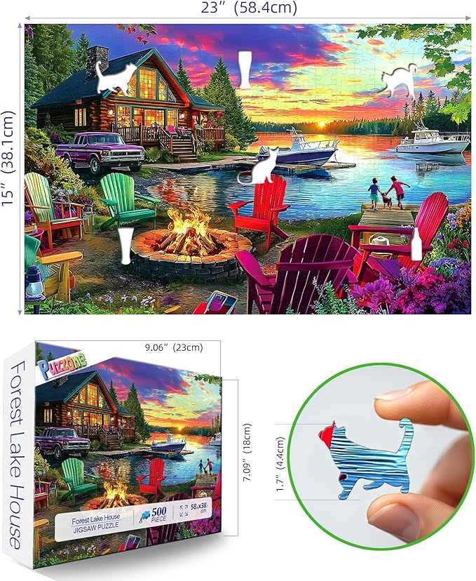 Lakeside Cabin Sunset 500 Piece Jigsaw Puzzle for Adults, Seniors & Family - Summer Relaxing Puzzle with Chairs, Boats & Bonfire Pit - Scenic Forest Lake View Puzzle Art 23x15 Inch