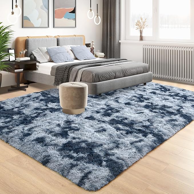 Tepook Fluffy Large Rugs for Living Room, Area Rug 6x9 Soft Carpet for Bedroom, Modern Shaggy Rug for Kids Boys Girls, Plush Indoor Nursery Home Decor Rug with Non-Slip Bottom, Tie-dye Dark Blue
