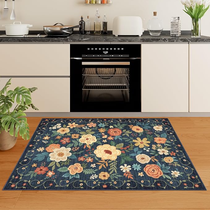 DUKINO 3x4 Area Rug, Floral Washable Rug for Kitchen Non Slip, Navy Blue | Low Pile, Soft, Stain Resistant Indoor Rug for Entryway, Bedroom, Bathroom, Laundry, Pet Friendly, Home Decor, Lightweight