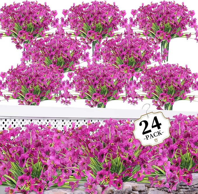 ColoPlay 24Bundles Light Purple Artificial Flowers for Outdoors Fake Flower | Fake Plants Outdoors Artificial Flowers, Faux Flowers for Indoor Outside Garden Porch Window Box Home Wedding Farmhouse