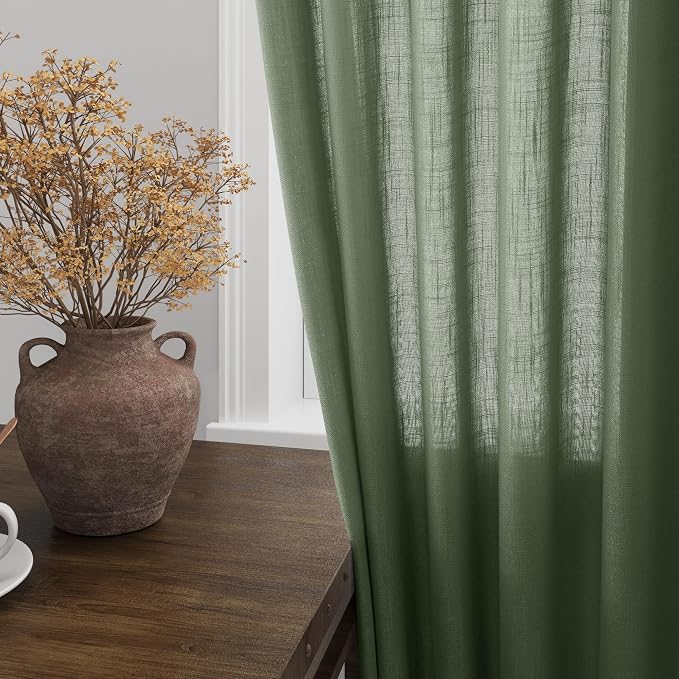 Extra Wide 100 Inch Linen Curtains for Living Room Divider Light Filtering Semi Sheer Back Tab Patio Curtains for Sliding Door Olive Green Coastal Decor Sunroom Floor to Ceiling Window Curtain 100x84