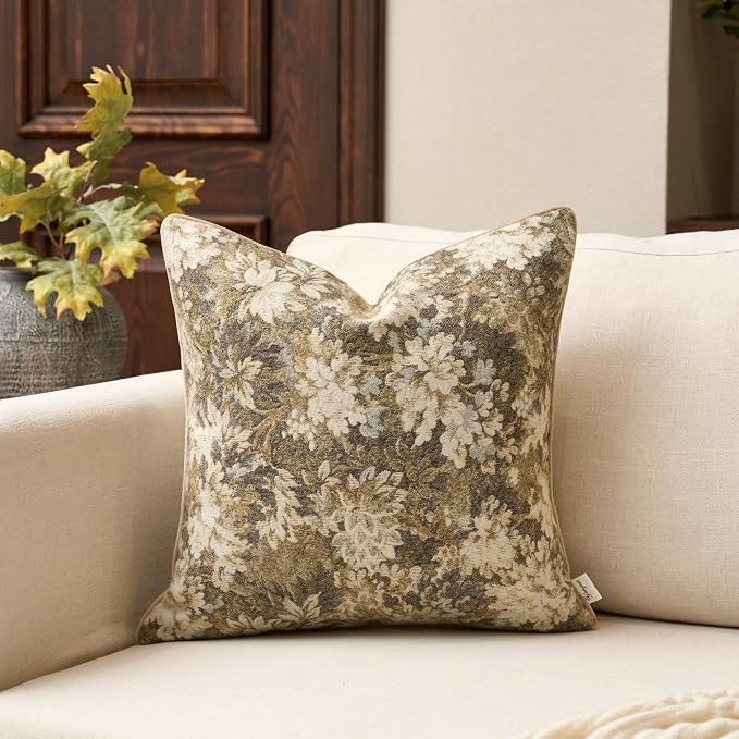 Neutral Floral Pillow Cover 18 x18 Inches, Vintage Chenille Square Throw Pillow Cover Soft Decorative Farmhouse Accent Couch Pillow Cover for Living Room Bedroom, Beige
