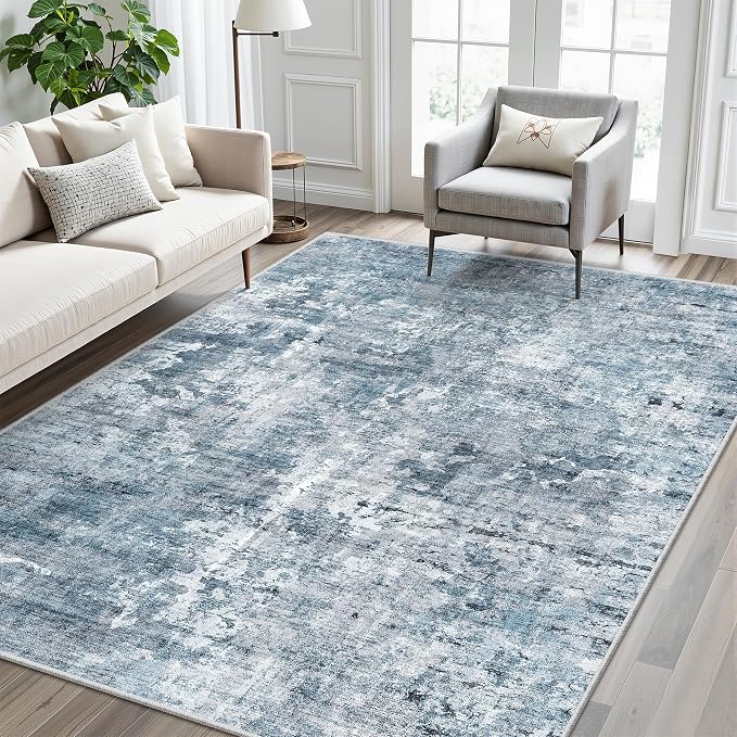 Soalmost Abstract 7x9 Area Rug for Living Room Washable Rugs Blue/Grey | Non-Slip Low-Pile Carpet for Dining Bedroom, Foldable Thin Vintage Stain Resistant Floor Mat Under Table Home Office Nursery