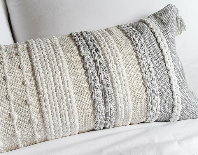 Gray Decorative Lumbar Pillow Cover 14x36, Grey Boho Long Body Pillow for Bed, Farmhouse Lumbar Throw Pillow for Couch, Modern Accent Textured Throw Pillowcase