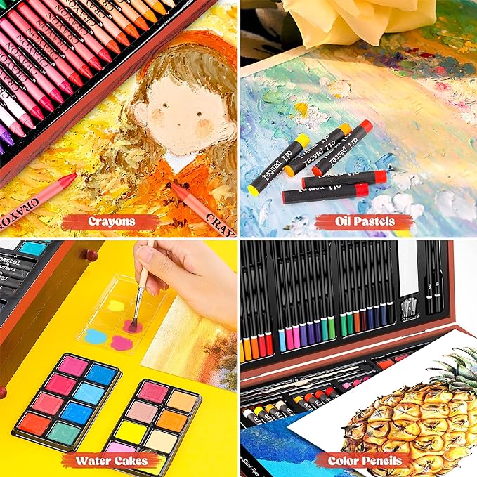 Caliart Art Supplies, 153-Pack Deluxe Wooden Art Set Crafts Drawing Painting Coloring Supplies Kit with 2 A4 Sketch Pads, Halloween Creative Gift Box for Adults Artist Beginners