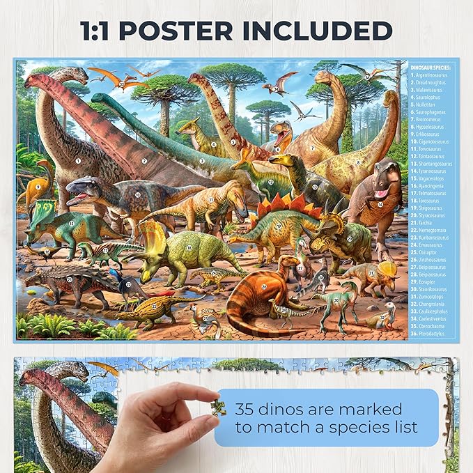 Dinosaur Scene - Jigsaw Puzzles for Adults 1000 Pieces - Hand Drawn Illustration - 1:1 Poster with Dino Names & Marks Included - Thick Cardboard No Puzzle Dust - Fun & Engaging Screen-Free Time