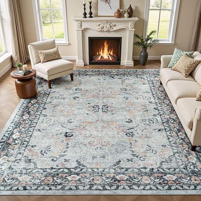 8x10 Area Rugs for Living Room Washable Non-Slip Large Carpet, Grey/Blush | Soft Area Rug for Bedroom Dining Room Home Office Indoor Nursery, Stain Resistant, Low Pile, Vintage Distressed Rug