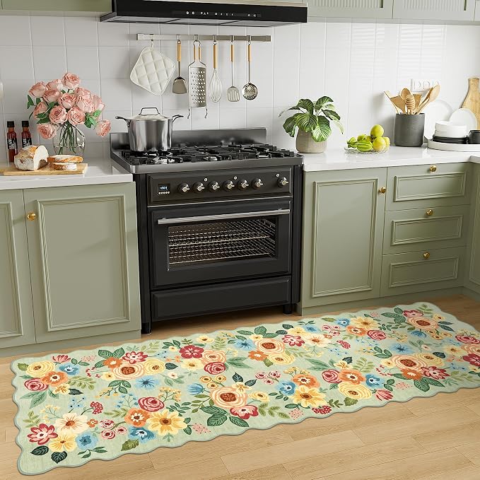 DUKINO 2x10 Runner Rug for Hallway, Washable Kitchen Rug Non Slip, Green | Soft, Low Pile, Floral Throw Rug Runner for Entryway, Bedroom, Bathroom, Laundry, Pet Friendly, Home Decor, Stain Resistant