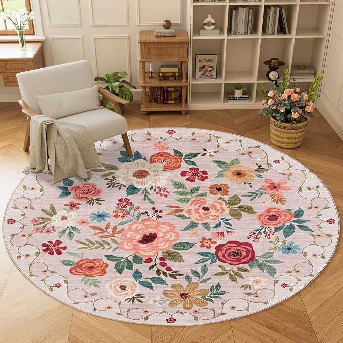 DUKINO 6ft Round Rug, Soft Washable Circle Rug for Bedroom Non Slip, Beige | Low Pile, Stain Resistant Indoor Rug for Living Room, Dining Room, Kids Room, Office, Pet Friendly, Home Decor, Non-Shedding