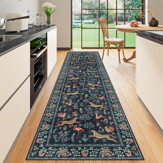 DUKINO 2.6x10 Washable Runner Rug Non Slip Animal Rug for Hallway Navy Blue | Soft, Low Pile, Non-Shedding Indoor Carpet Runner for Entryway, Kitchen, Bedroom, Bathroom, Pet Friendly, Stain Resistant