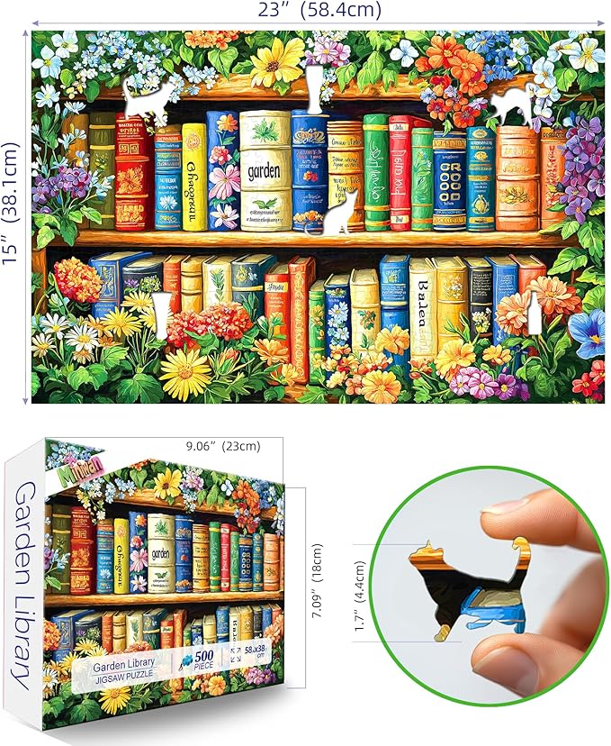 500 Piece Jigsaw Puzzle for Adults - Botanical Bookshelf: Flower-Covered Books, Wildflower Vines & Unique Cat-Shaped Pieces, Garden Art Puzzle, Challenging Hard Difficult Puzzles for Adults