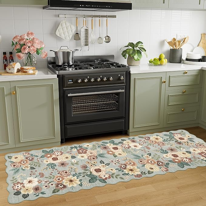 DUKINO 2x6 Runner Rug, Floral Washable Rug for Kitchen Non Slip Sage Green | Soft, Low Pile, Non-Shedding Long Runner Rugs for Kitchen, Entryway, Bedroom, Bathroom, Pet Friendly, Home Decor, Ultra-Thin