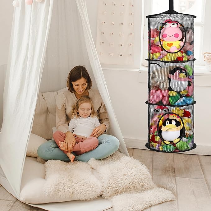 2Pcs Stuffed Animal Storage Foldable Stuffed Animal Net or Hammock Organizer, 3 Compartments Hanging Mesh Toy Storage Hammock for Kid Room Toys, Gloves, Hats, Socks(Black)