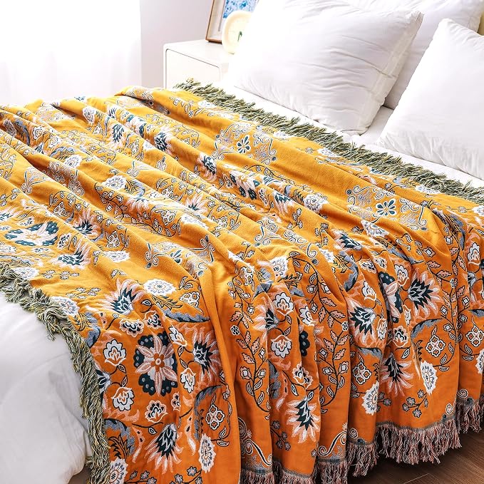 VANJOROY Boho Throw Blanket, 100% Cotton Soft King Yellow Throw for Bed-Floral Farmhouse Decor Blanket, Reversible Bohemian Throw for Sofa Chair Couch Quilt and Gift, 91" x 98"