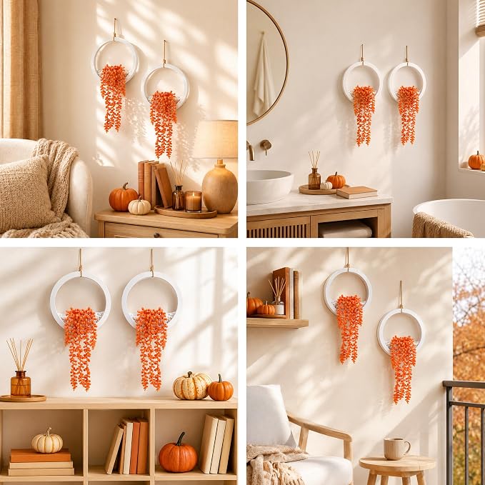 Der Rose 2 Pack Autumn Artificial Hanging Plants for Fall Wall Decor | Cascading string of pearls, warm autumn color, space-saving hanging design for bathroom kitchen shelf boho fall decor