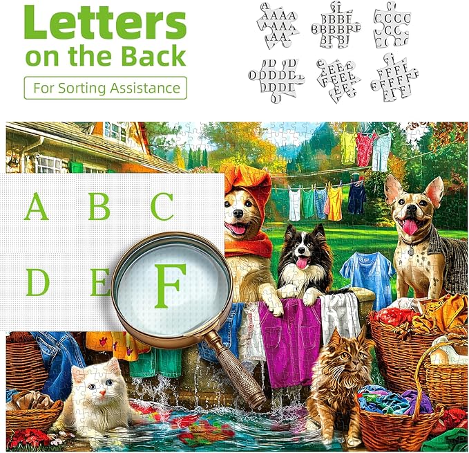 Laundry Day 1000 Piece Puzzle for Adults - Colorful Backyard Scene with Dogs & Cats Pet House Garden Jigsaw Puzzles, Unique & Fun Adult Games for Game Night Gift & Family Activities