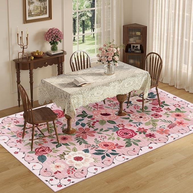 DUKINO 5x8 Area Rug for Bedroom, Soft Floral Washable Rug Non Slip, Pink | Low Pile, Non-Shedding Thin Indoor Rug for Living Room, Dining Room, Kids Room, Office, Nursery, Pet Friendly, Home Decor