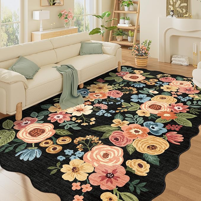 DUKINO 5x8 Washable Area Rug, Soft Floral Living Room Rug Non Slip, Black | Low Pile, Non Shedding Thin Throw Rugs for Bedroom, Dining Room, Home Office, Kids Playroom, Pet Friendly, Modern Home Decor
