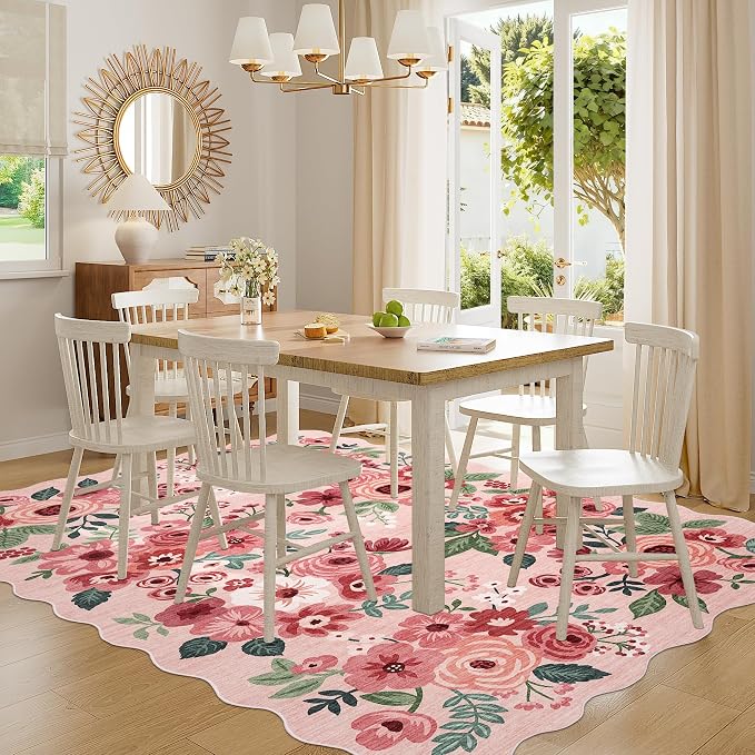 DUKINO 6x9 Area Rugs, Floral Washable Rug for Living Room Non Slip, Pink | Low Pile, Stain Resistant, Soft Indoor Large Rugs for Bedroom, Dining Room, Kids Playroom, Nursery, Pet Friendly, Home Decor