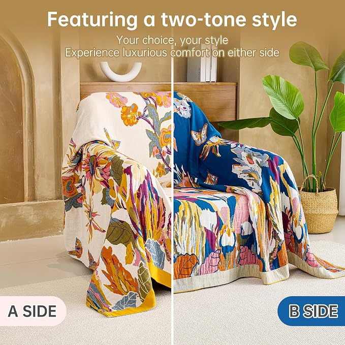 VANJOROY Boho Throw Blanket 100% Organic Cotton 60x80 for Bed Couch, Floral | Cozy Ultra soft, Breathable, Skin-friendly Lightweight,Butterfly Farmhouse Design,Summer Beige Quilt Chair Throw for Gifts
