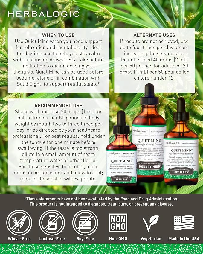 Herbalogic - Quiet Mind Liquid Herb Drops - Non-Sedating, Promotes a Feeling of Zen-Like Calm - Eases Worry and Panicky Mood - Based on the Traditional Chinese Formula GUI Pi Tang - 2 Fl. Oz.