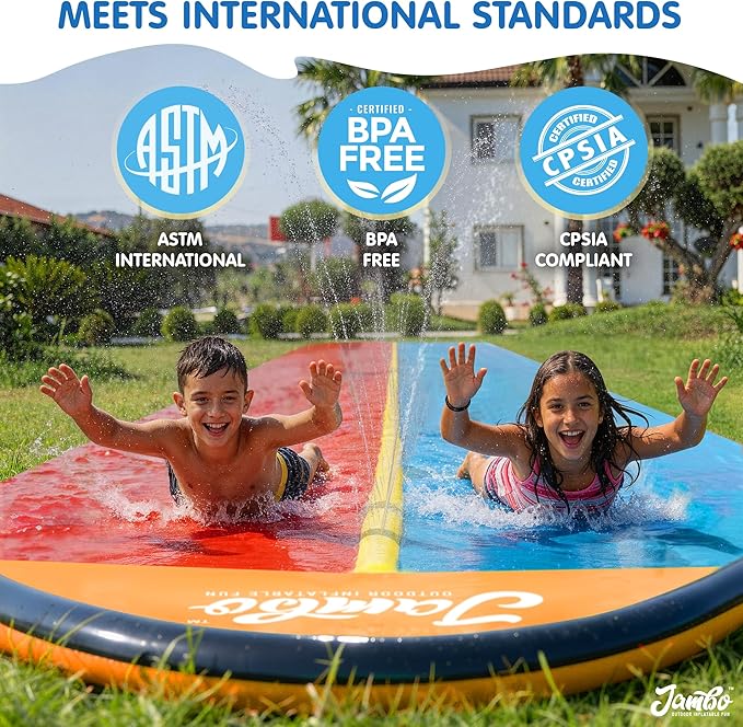 JAMBO Premium 24Ft Budget Slip Splash and Slide, Heavy Duty Water Slide with Advanced Sprinkler System, Backyard Waterslide, Splash Mat, Outdoor Water Toys n Slides for Kids