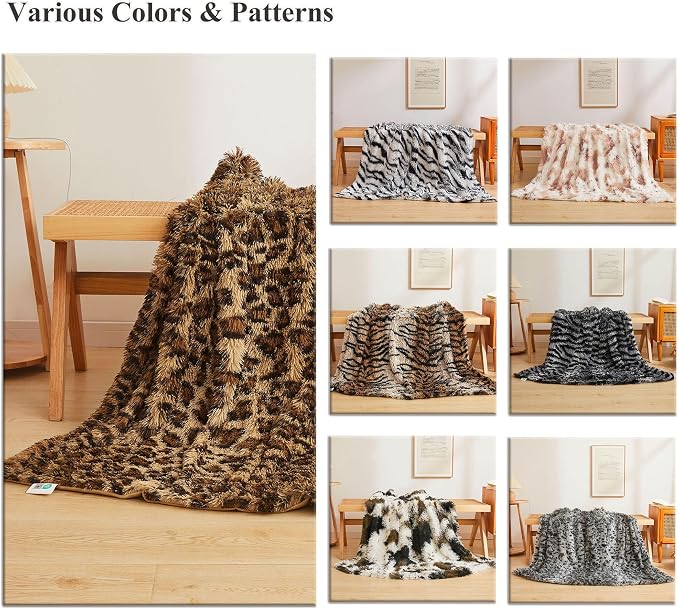 XeGe Luxury Faux Fur Leopard Print Throw, Soft 50x60 Cheetah Print Fluffy Blanket, Shaggy Plush Decorative Couch Throw, Cute Furry Fuzzy Animal Print Blanket for Sofa Bed, Brown