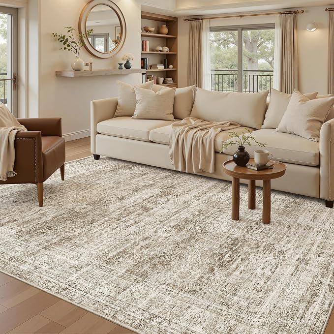 Soalmost 5x7 Area Rugs Brown Low Pile Washable Trendy Faded Style Rug | Vintage Non-Slip Indoor Accent for Bedroom Dining, Foldable Stain Resistant Floor Carpet Mat Under Table Home Office Decor
