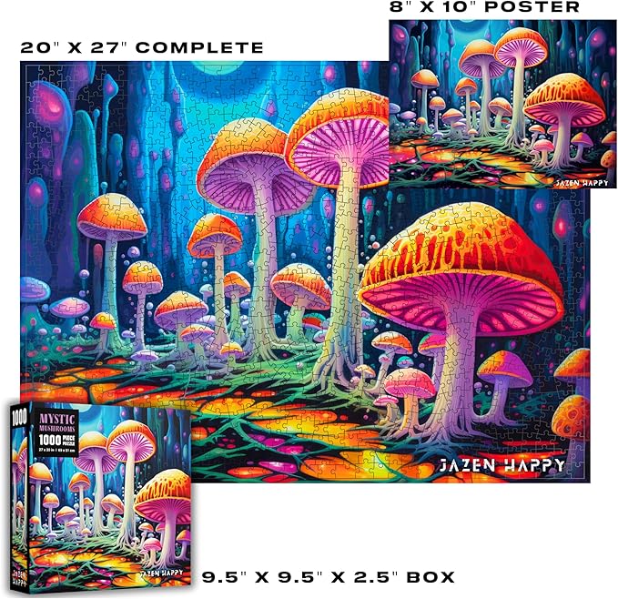 Challenging Jigsaw Puzzle for Adults and Families - 1000 Pieces - Mystic Mushrooms - Jazen Happy - 27x20 inch - Poster Included Puzzle
