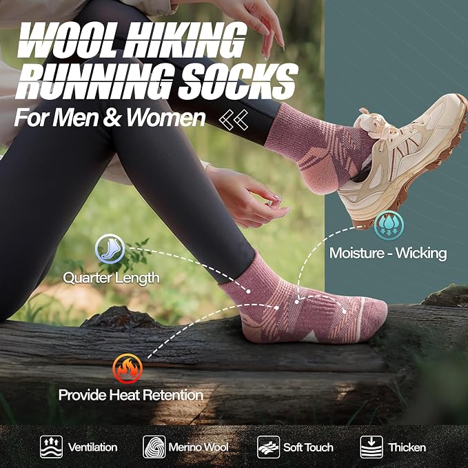 ANTSANG 6 Pairs Merino Wool Quarter Ankle Hiking Running Socks Compression Thermal Thick Cushion Socks for Women Men