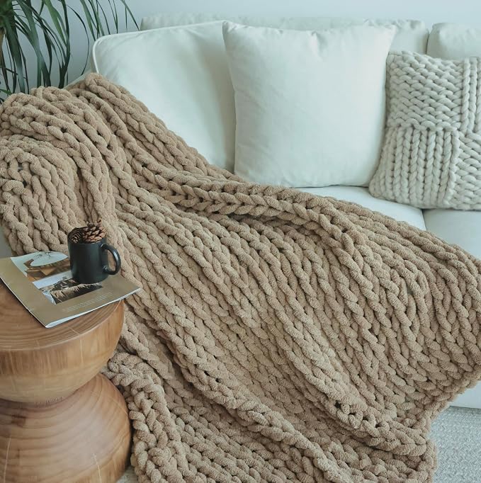 Maetoow Chenille Chunky Knit Blanket,Handmade Cozy for Home Decor,50×60,Khaki