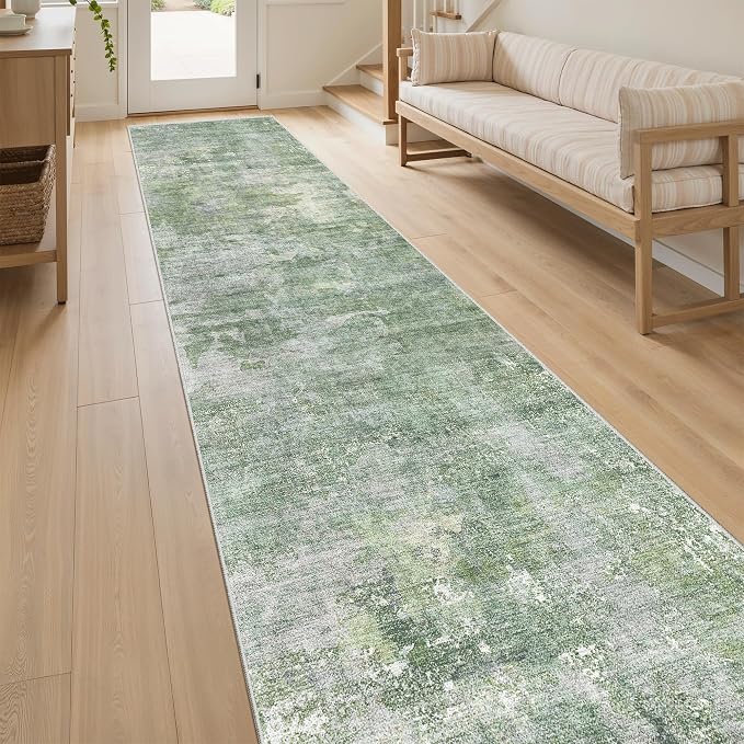 Soalmost Abstract Runner Rug 2x12 Hallway Kitchen Runners Green/Ivory | Vintage Washable Rugs for Bathroom Laundry Room, Low Pile Stain Resistant Floor Carpet Mat Entryway Corridor Bedroom