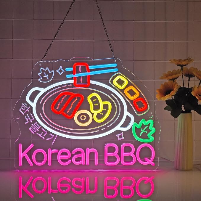 Korean BBQ Neon Sign,Korean Food LED Light Sign Wall Decor | Neon Lights Hanging Wall Art Decoration for Korean Restaurant Grill Kitchen Home Decor,USB Powered Dimmable,16.14×12.6 In