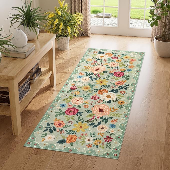 DUKINO 2x5 Runner Rug, Floral Washable Rug for Kitchen Non Slip, Green | Low Pile, Soft, Stain Resistant Indoor Rug Runner for Entryway, Hallway, Bedroom, Bathroom, Laundry, Pet Friendly, Home Decor