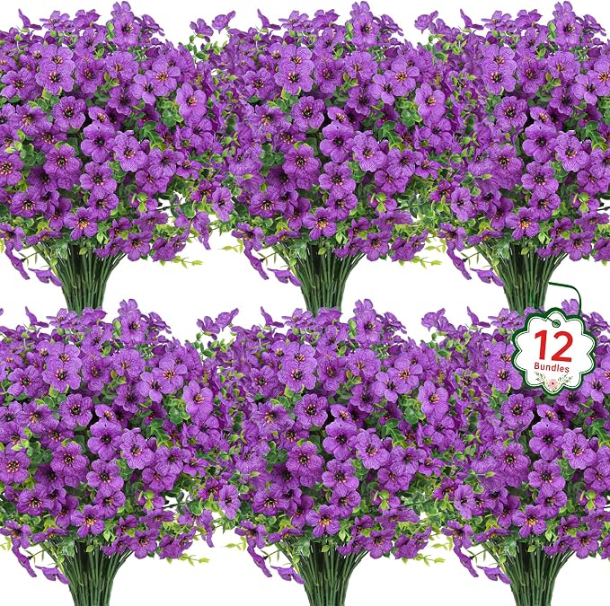 Ouddy Decor 24 Pcs Artificial Flowers for Outdoors Decorations, Purple | Lifelike silk flowers, UV resistant, faux plastic plants, for garden porch window table vase home indoor outdoor decor