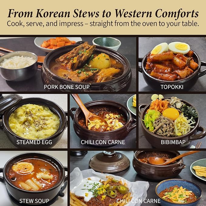 – 4-Pack Korean Clay Pots (17oz / 500ml) with Lids & Handles – Ttukbaegi Stone Bowls for Cooking Bibimbap, Donabe Style Korean Clay Cookware – Oven & Stovetop Safe