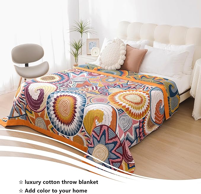 VANJOROY Boho Throw Blanket, 100% Organic Muslin Cotton Skin-Friendly Breathable Ultra Soft Bed Quilt Throw - All Season Decor Colorful Blanket for Sofa Couch Chair and Gift. 91" x 108"