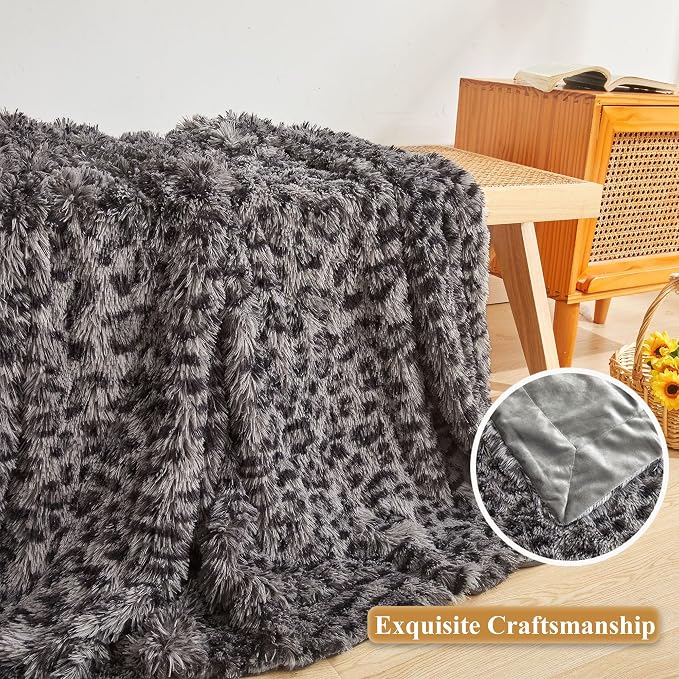 XeGe Luxury Faux Fur Leopard Print Throw, Soft 50x60 Cheetah Print Fluffy Blanket, Shaggy Plush Decorative Couch Blanket, Cute Furry Fuzzy Animal Throw for Sofa Bed, Light Grey