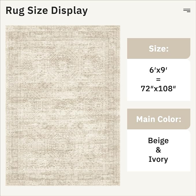 Soalmost 7x9 Area Rug for Living Room Washable Rugs Non-Slip Beige | Low-Pile Vintage Carpet for Dining Bedroom, Foldable Thin Stain Resistant Floor Mat Under Table Home Office Nursery Decor