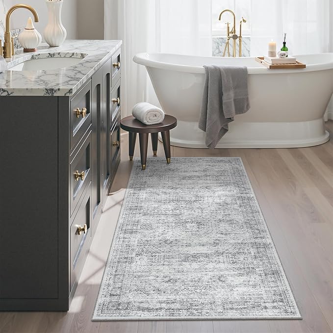 Soalmost 2x4 Washable Rugs for Kitchen, Entryway, Small Area Rug Grey | Non-Slip Vintage Low Pile Throw Door Mat For Bathroom Entry Laundry Powder Room, Stain Resistant Indoor Entrance Floor Carpet