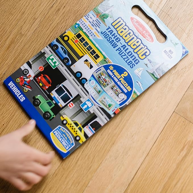Melissa & Doug Take-Along Magnetic Jigsaw Puzzle Set – Vehicles (2 x 15 Piece) Travel Activity Toy for Preschoolers and Kids Ages 3+