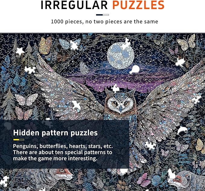 Glow-in-The-Dark Owl Puzzles for Adults 1000 Pieces, Difficult Challenging Unique Puzzle for Adults,6 Colors on Back Jigsaw Puzzles, Size 26.6x19.2