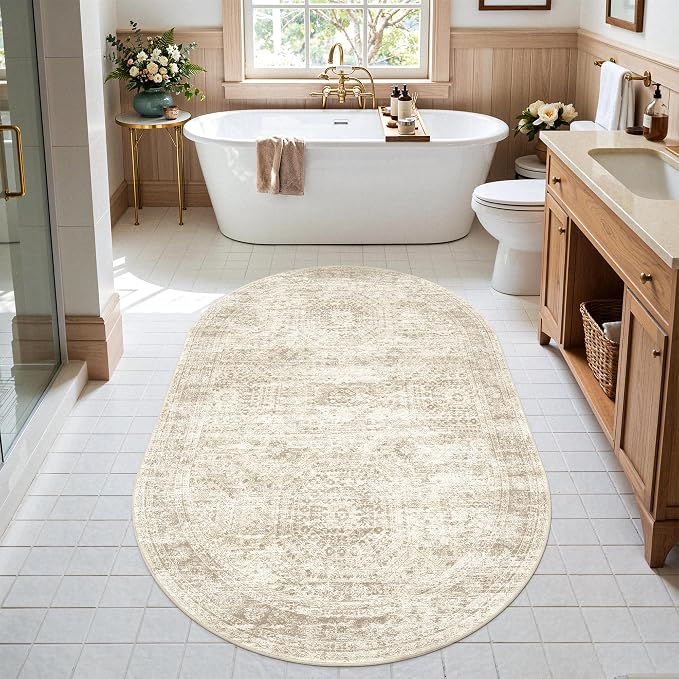 Soalmost Small Oval 3x5 Rug for Entryway Kitchen, Washable Area Rugs, Beige | Vintage Low Pile Carpet for Nursery Coffee Table Bathroom, Foldable Stain Resistant Indoor Door Mat Entrance Powder Room