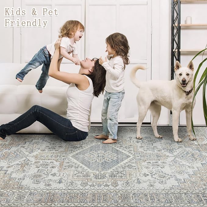 Machine Washable Area Rugs 9x12 Living Room Retro Rugs- Ultra Soft Low Pile Large Rugs for Bedroom,Dining Room,Non Slip Vintage Accent Carpet for Farmhouse Home Office- Family & Pet Friendly