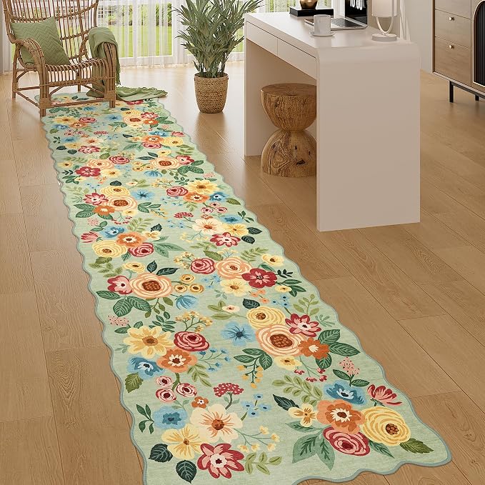 DUKINO 2.6x10 Runner Rug for Hallway, Floral Washable Rug Non Slip, Green | Soft, Low Pile, Lightweight Indoor Throw Rug Runner for Entryway, Bedroom, Bathroom, Laundry, Pet Friendly, Modern Home Decor